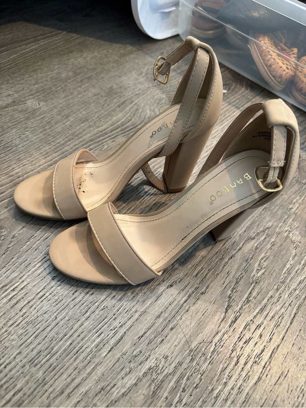 BAMBOO Beige Open-Toe Block Heel Sandals with Ankle Strap